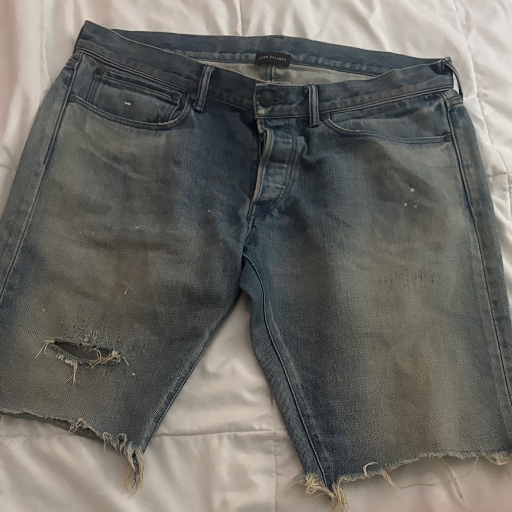 John Elliott Faded Blue Distressed Shorts